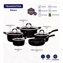 Jogo de Panelas 5 Peças Mônaco Preto Tramontina Alumínio Revestimento Antiaderente Interno e Externo em Starflon Premium